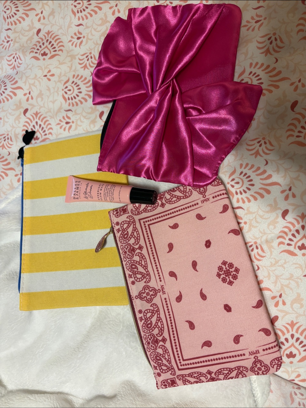 ipsy Pink Bandana Print Pouch ,  Hot Pink Satin Bow, yellow stripes